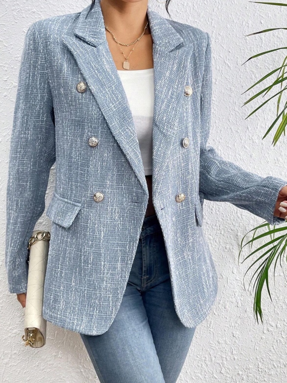 Classic Tweed Double Button Blazer Jacket - Picture 5 of 10